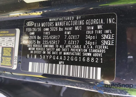 2016 Kia Sorento 2.4L Lx z USA, uszkodzony, nr VIN 5XYPG4A32GG168821